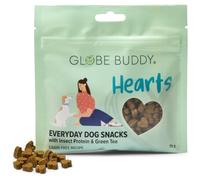 Globe Buddy Hearts - Proteína de insectos y algas, aperitivos semihúmedos sin cereales, golosinas suaves para todas las razas y etapas de la vida, 75 g (proteína de insectos y té verde)