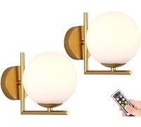 Globe Wall Sconce Set of 2 Operated for Bedroom,Wireless Timer Wall Lights with Remote,No Wiring Wall Lamp Glass Shade Gold Wall Decor for Bedside Bathroom Vanity Light Liv