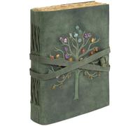 GlobeeCraft Cuaderno vintage de cuero verde con árbol de la vida, papel artesanal hecho a mano, ideal como travelers notebook, diario personal y libreta para escribir 18x13 cm