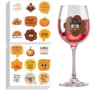 GLOBLELAND 16 hojas, 144 unidades, texto de Acción de Gracias, cristal, marcadores de bebidas, calabaza, pavo, pegatinas de vino para vasos, hojas de arce, pegatinas autoadhesivas para vino, para
