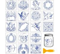 GLOBLELAND 18 Hojas Calcomanías Transferibles Ángeles Azules Vintage 3.9x3.6 Pulgadas Pegatinas de Fricción Retro Flores Marco para Muebles Jarrón Vidrio Taza Manualidades Arte