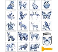 GLOBLELAND 18 hojas de porcelana azul y blanca para frotar animales salvajes resistentes al agua UV DTF Cup Wraps pegatinas de 3,9 x 3,6 pulgadas pegatinas de transferencia de pájaro para vasos de