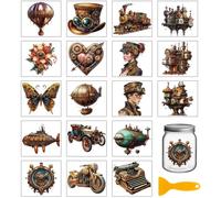 GLOBLELAND 18 hojas Vintage Steampunk Calcomanías para Transferir Metal Maquinaria Coches Impermeable UV DTF Envolturas para Tazas Globo de Aire Caliente Pegatinas para Botellas de Vidrio de Agua