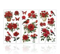 GLOBLELAND 3 calcomanías autoadhesivas de transferencia de muebles de rosas rojas y pájaros, 6 x 12 pulgadas, pájaros y flores, plantas, para dormitorio, sala de estar, escritorio, decoración de mesa