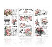 GLOBLELAND 3 piezas de transferencias vintage de peonía rosa para muebles de 6x12 pulgadas, texto romántico, transferencias adhesivas, calcomanías de arte de pared autoadhesivas para decoración de