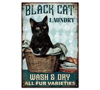 GLOBLELAND Cartel de chapa de metal con gato negro "WASH & DRY ALL FUR VARIETIES", pintura vintage, carteles de chapa de 30,5 x 20,3 cm, arte de pared retro, placa póster para el hogar, hotel, baño