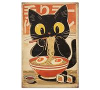 GLOBLELAND Cartel de Hojalata de Gato Ramen Japonés Cartel de Hojalata de Metal Cartel Vintage de Metal 30,5×20,3 cm Divertida Decoración de Pared Carteles de Hojalata para Hogar Granja Bar Cafetería