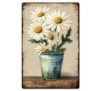 GLOBLELAND Cartel de Hojalata Metálico Cubo de Margaritas Plantas Flores Pintura Vintage Carteles de Hojalata 12x8 pulgadas Arte de Pared Retro Placa Póster para Hogar Oficina Sala de Estar Dormitorio