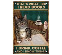 GLOBLELAND Cartel de metal con gato leyendo libros, cartel vintage de estaño para decoración de pared, arte de café con gato, placa metálica divertida "Eso es lo que hago, leo libros", carteles