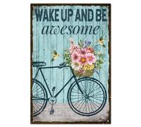 GLOBLELAND Cartel de metal con texto en inglés "Wake Up and Be Awesome Vintage Flower and Bike - Cartel de estaño de 30 x 20 cm, decoración de pared de metal retro para el hogar, cocina, bar,