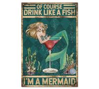 GLOBLELAND Cartel de metal de sirena vintage de 8 x 12 pulgadas "Drink Like a Fish", letreros decorativos de metal retro para la pared del hogar, cocina, bar, cafetería, club, decoración de huerto