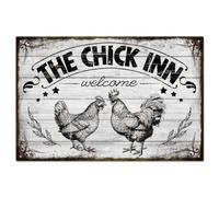 GLOBLELAND Cartel de metal vintage con texto en inglés "The Chick Inn Welcome" para decoración de pared para el hogar, granja, posada, gallina, gallina, gallina