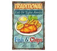 GLOBLELAND Cartel de metal vintage con texto en inglés "Traditional Eat or Take Away Fish Chips", 30 x 20 cm, póster decorativo para bar, club, restaurante, cafetería