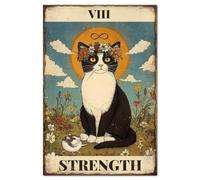 GLOBLELAND Cartel de metal vintage "VIII STRENGTH" con arte de cartas del tarot de gatos, cartel de chapa retro de 30,5 x 20,3 cm, divertida decoración de pared de metal, cartel de chapa metálico para