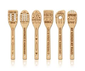 GLOBLELAND Juego de 6 cucharas de madera con citas de cocina, con texto de bambú, utensilios de cocina grabados de madera, juego de espátulas de cocina para cocina, regalo de inauguración de la casa