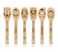GLOBLELAND Juego de 6 cucharas de madera con diseño de animales de dibujos animados, tallado de bambú, utensilios de cocina, utensilios de cocina, grabado de madera, juego de espátulas de cocina para