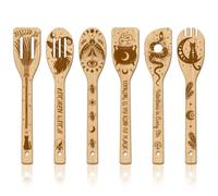 GLOBLELAND Juego de 6 cucharas de madera de brujería, juego de utensilios de cocina de adivinación de bambú, utensilios de cocina, juego de espátulas de cocina grabadas de madera mágica para cocina