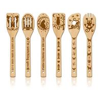 GLOBLELAND Juego de 6 utensilios de cocina de bambú para gatos, cucharas de cocina grabadas de madera, juego de espátulas de bambú, cuchara de cocina de madera para cocina, inauguración de la casa