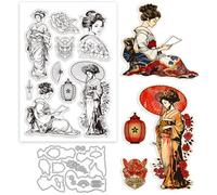 GLOBLELAND - Juego de sellos transparentes y matrices de corte geisha oriental japonesa para fabricación de tarjetas de flores, peonía, sello transparente de silicona, linterna de metal