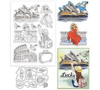GLOBLELAND - Juego de sellos transparentes y matrices de corte Lady Travel Seagull para fabricación de tarjetas de mujer vacation sello de silicona de metal Sydney Opera House Colosseum Die Cuts