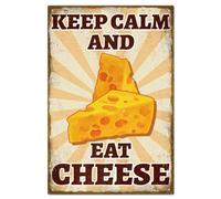 GLOBLELAND "Keep Calm and Eat Cheese" Placa de letrero de lata vintage de metal 8×12 pulgadas Signos decorativos de estaño de metal retro para decoración de pared de cocina, bar, cafetería, club