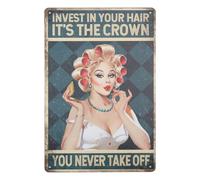 GLOBLELAND Letrero de lata gracioso para peluquería Invierte en tu cabello Es la corona que nunca te quitas Letrero vintage de peluquería con dama encantadora para bares, cafeterías, pubs y