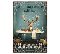 GLOBLELAND Letrero de metal para bañera de ciervo, 20 x 30 cm, diseño vintage con texto en inglés "WhiteTailed Deer & Bath Soap", cartel de pared para decoración de baño, cabaña, sala de estar, casa
