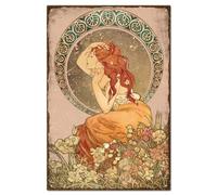 GLOBLELAND Letrero de metal vintage con diseño de mujer de pelo largo, estilo Art Nouveau, belleza rodeada de flores, decoración de pared retro para restaurantes, bares, pubs, clubes, 12 x 8 pulgadas