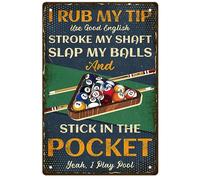 GLOBLELAND Letreros de metal para billar «Rub My Tip», letrero de metal vintage para los amantes del billar, cartel de hojalata para amantes de la piscina, hierro, 8 x 12 pulgadas