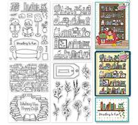 GLOBLELAND Librerías de la serie de libros de 4 hojas Sellos de lectura de flores Etiquetas de silicona transparente sellos para hacer tarjetas, bricolaje, álbum de fotos, decoración de álbum