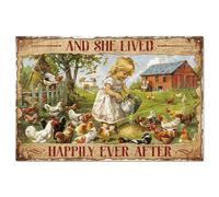GLOBLELAND Placa de Metal de Granja Feed The Chicken Lady Panel de Estaño Vintage de Metal 30,48 × 20,32 cm "Y Ella Vivió Feliz para Siempre" Graciosa Decoración de Pared de Estaño para Granja Jardín