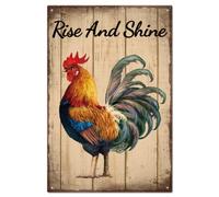 GLOBLELAND Placa de metal vintage "Rise And Shine" Póster de lata de 12 x 8 pulgadas con pollo retro placas decorativas de hojalata de pared para casa, cocina, bar, cafetería, club, decoración de