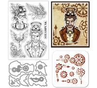 GLOBLELAND Plantillas de pintura para hacer tarjetas, diseño steampunk vintage para caballeros y damas, para hacer tarjetas, llaves, sello de silicona, cadena de metal, engranajes retro, plantilla de