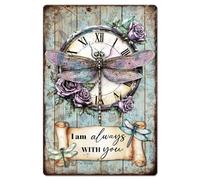 GLOBLELAND Reloj de libélula flores metal cartel de chapa "Siempre Estoy Contigo" pintura vintage de 12 x 8 pulgadas retro arte de pared placa póster para el hogar oficina bar club decoración