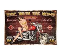 GLOBLELAND "Ride With The Wind" Cartel de metal para garaje Motocicleta Mujer Letrero de estaño para letreros de garaje 30x20cm/12x8pulg Arte de letreros de jardín Póster de placa de pared Decoración
