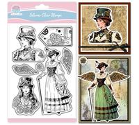 GLOBLELAND Vintage Steampunk Label Clear Stamps para la fabricación de tarjetas Retro Mujer Silicona Clear Stamps Mecánica Alas Transparentes Sello Sello para DIY Scrapbooking Relieve Álbum de Fotos