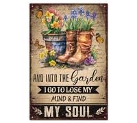 GLOBLELAND "Y hacia el jardín voy a perder mi mente y encontrar mi alma" Letrero de lata vintage de jardinería de metal, letrero de lata de botas y flores de 30x20cm/12x8pulg, placa artística, póster