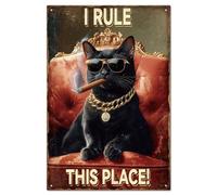 GLOBLELAND "¡Yo mando aquí!" Placa de metal gato negro jefe Vintage Placa metálica de estaño 30 × 20 cm Divertido adorno de pared Placas de metal para el hogar, granja, bar, cafetería, club