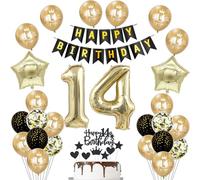 Globo 14 años cumpleaños niña niño Decoración negro y dorado, Decoración cumpleaños 14 años chica chico Globo gigante de lámina con el número 14, Pancarta Happy Birthday, Deco 14 niño niña