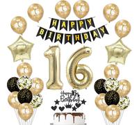 Globo 16 años cumpleaños niña niño Decoración negro y dorado, Decoración cumpleaños 16 años chica chico Globo gigante de lámina con el número 16, Pancarta Happy Birthday, Deco 16 niño niña
