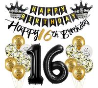 Globo 16 Cumpleaños Deco Niño Niña Oro Negro Foil - Decoración 16 Años - Feliz Guirnalda - Negro y Oro