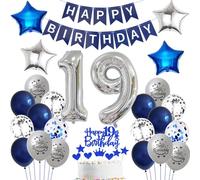globo 19 cumpleaños niño azul Decoración 19 años niño cumpleaños plateado decoración 19 años chico globos cumpleaños 19 años niño deco plateado Happy Birthday banderola 19 años cumpleaños deco