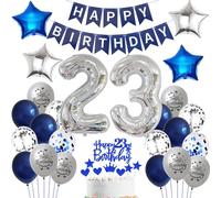 Globo 23 Cumpleaños Hombre Azul y Plateado - Decoración Happy Birthday - Banderola para 23 Años