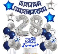 Globo 28 Cumpleaños Hombre Azul y Plateado - Decoración Happy Birthday - Banderola para 28 Años