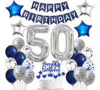 Globo 50 Cumpleaños Hombre Azul y Plateado - Decoración Happy Birthday - Banderola para 50 Años