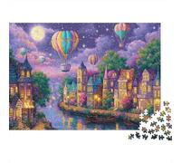 Globo Aerostático Noche Puzzle de 1000 Piezas Puzzle para Adultos Pueblo Junto al Río Relajante Puzzle para Toda la Familia Decoración Regalo 38x26cm/1000pcs