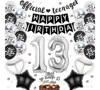 Globo de 13 cumpleaños decoración negro plata - pancarta oficial de adolescentes Happy Birthday Banner, decoración de cumpleaños para 13 años niña niño