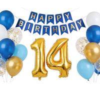 Globo de 14 cumpleaños azul decorativo, pancarta de cumpleaños azul, 14 globos de papel de aluminio, decoración de cumpleaños para niñas y niños, 14 años de edad, decoración para fiesta de cumpleaños