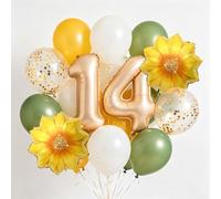 Globo de 14 cumpleaños para niños y niñas, globos de girasol, decoración para fiesta de 14 años, amarillo, verde, champán, oro, número 14, globos de papel de aluminio para 14 años, aniversario