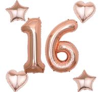 Globo de 16 pulgadas con número 16 para cumpleaños y niñas, color oro rosa + 4 globos de aluminio con número 16, globos de helio de color oro rosa para 16 cumpleaños y niñas, decoración número 16,